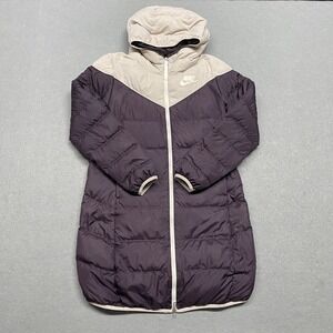 Nike Jacket Womens Large Purple Reversible Long Parka Down Fill Puffer Hooded